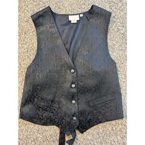 VTG Words Womens Black Paisley 3‎ Buttons Tie Back Vest USA 80s 90s Large